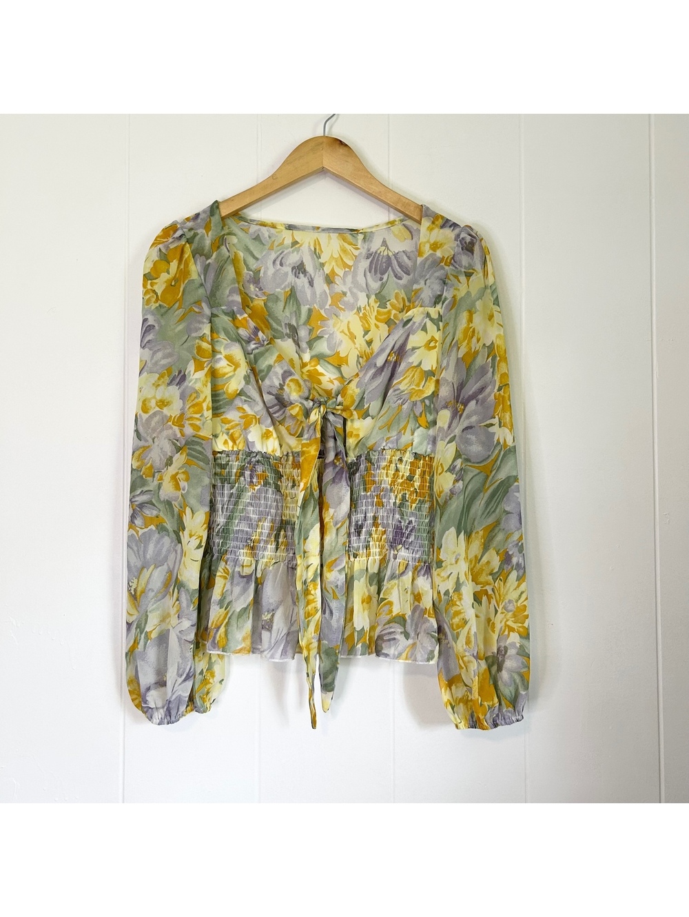 Shein Floral Smocked Sheer Front Tie Long Sleeve Blouse Top Women's Large